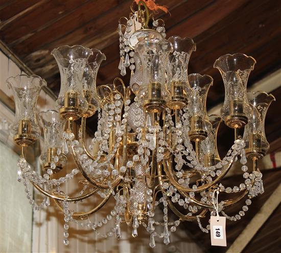 Eight branch gilt metal and crystal ceiling chandelier